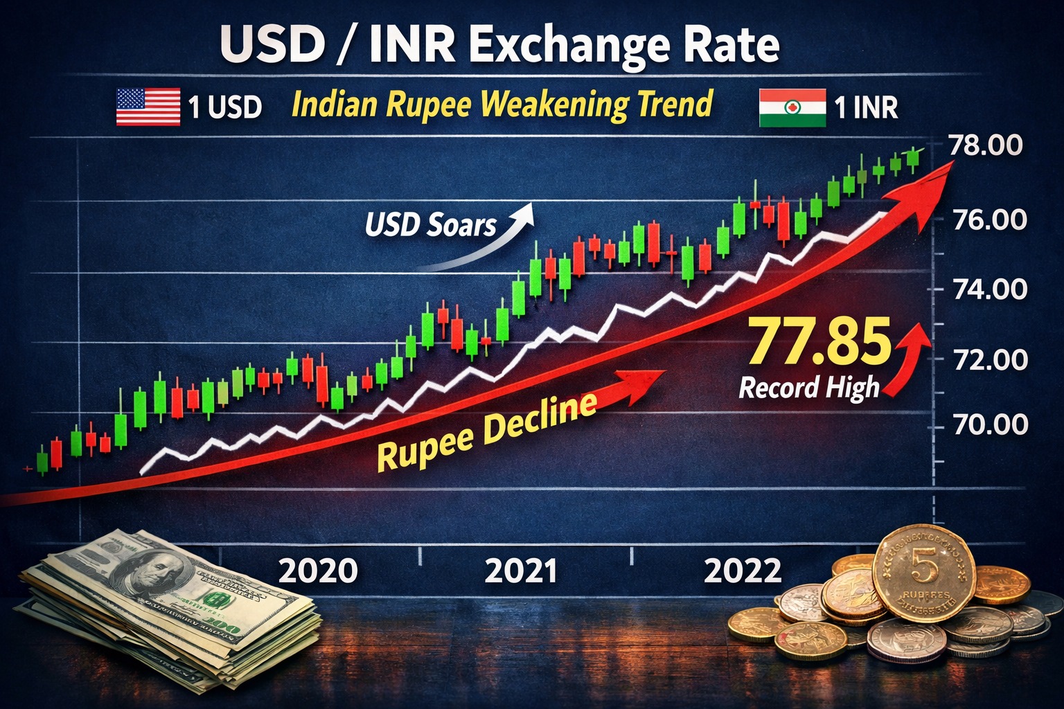 USD INR exchange rate chart showing Indian rupee weakening trend