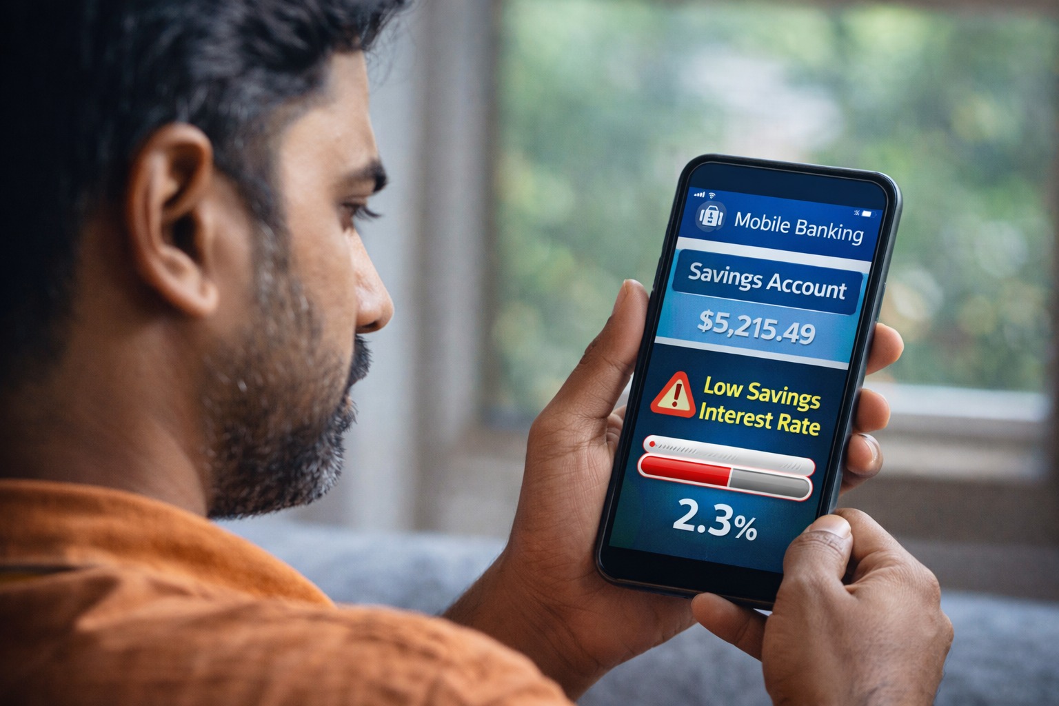 Indian man checking low savings account interest rate on mobile banking app