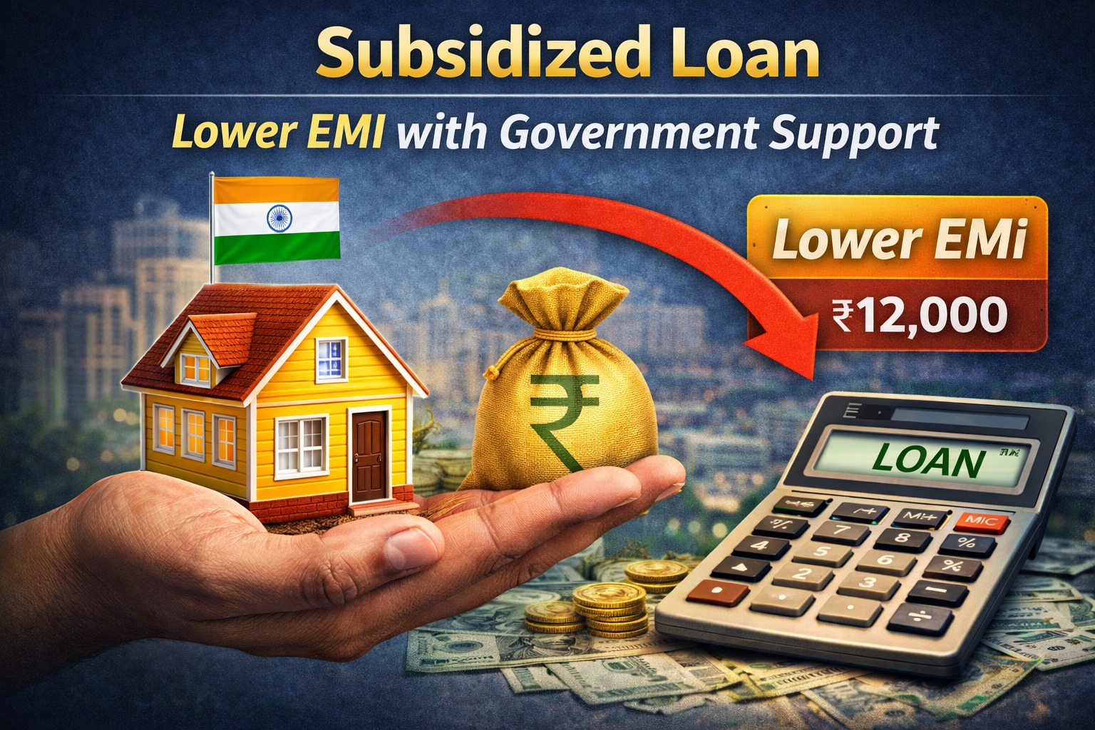 Subsidized loan concept showing lower EMI with government support