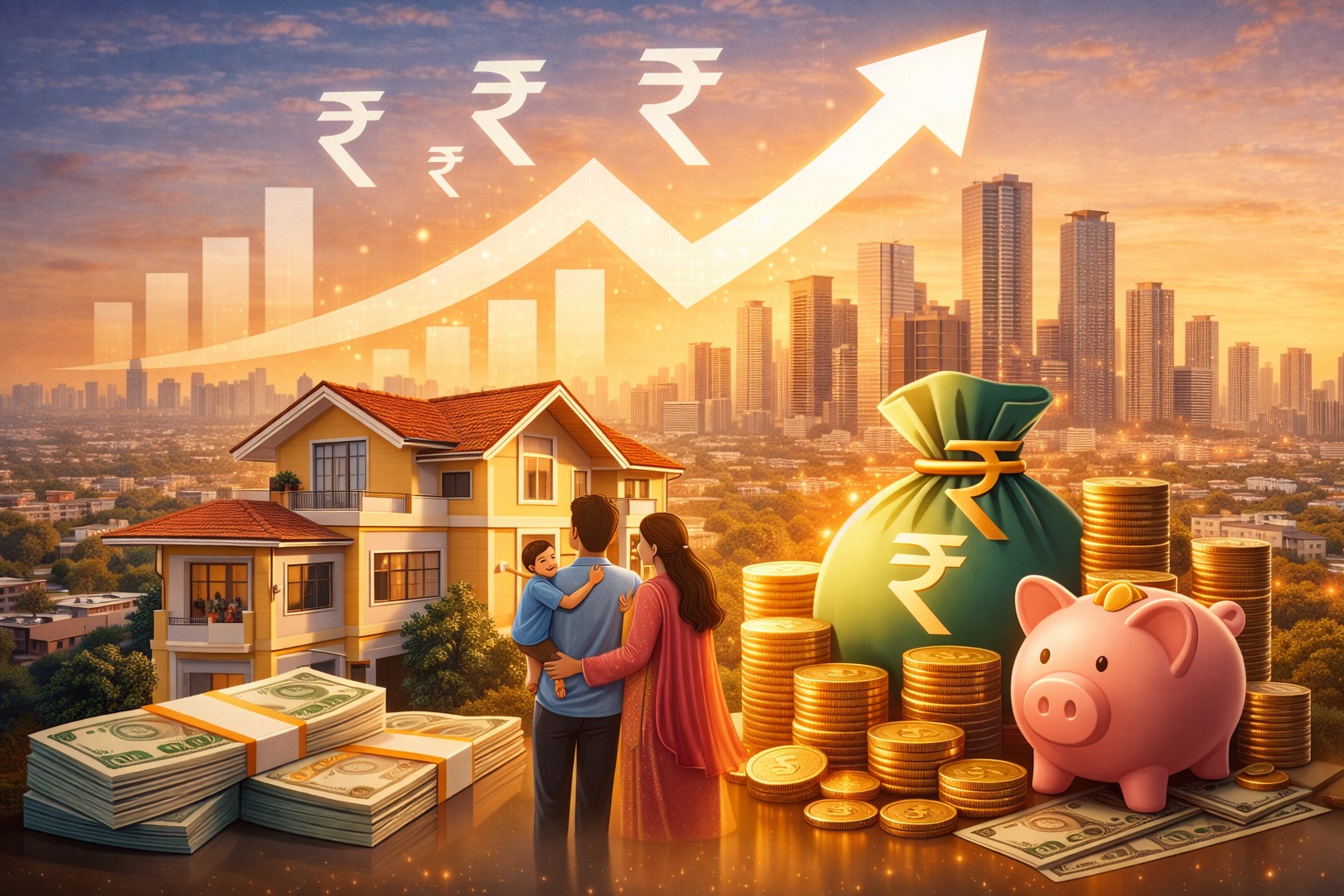 Economic growth illustration showing impact on household money