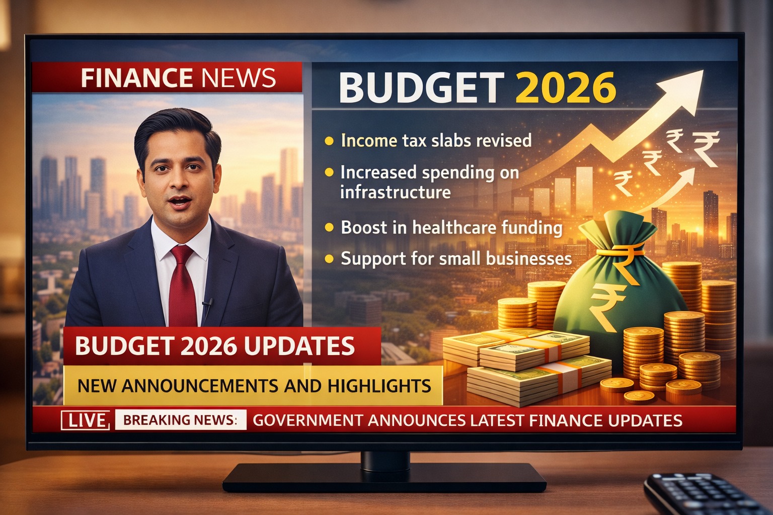 Finance news showing budget 2026 updates on screen