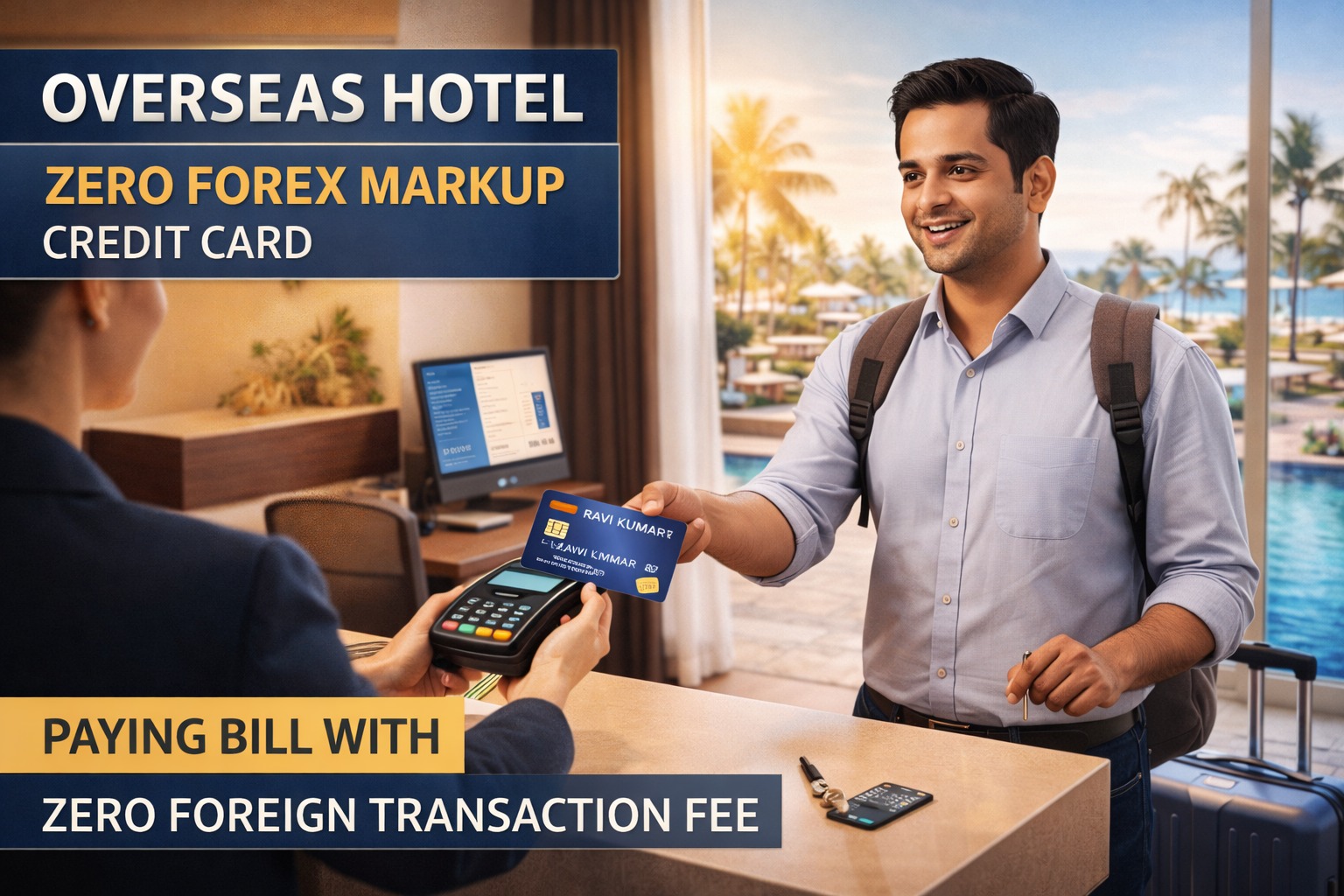 Indian traveler paying overseas hotel bill using zero forex markup credit card