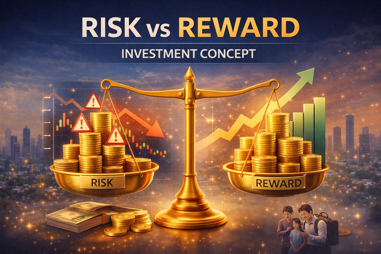 Risk versus reward investment concept shown with balance scale and coins