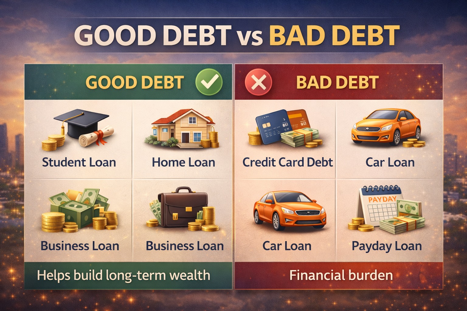 Good debt versus bad debt comparison chart with loan examples