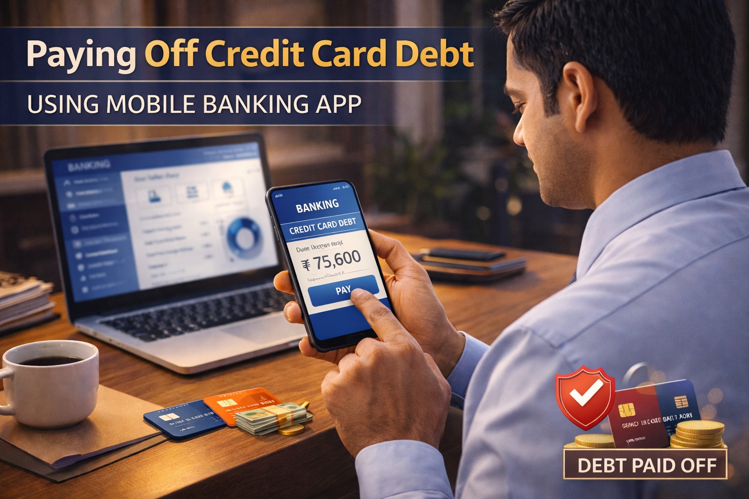 Indian professional paying off credit card debt using mobile banking app