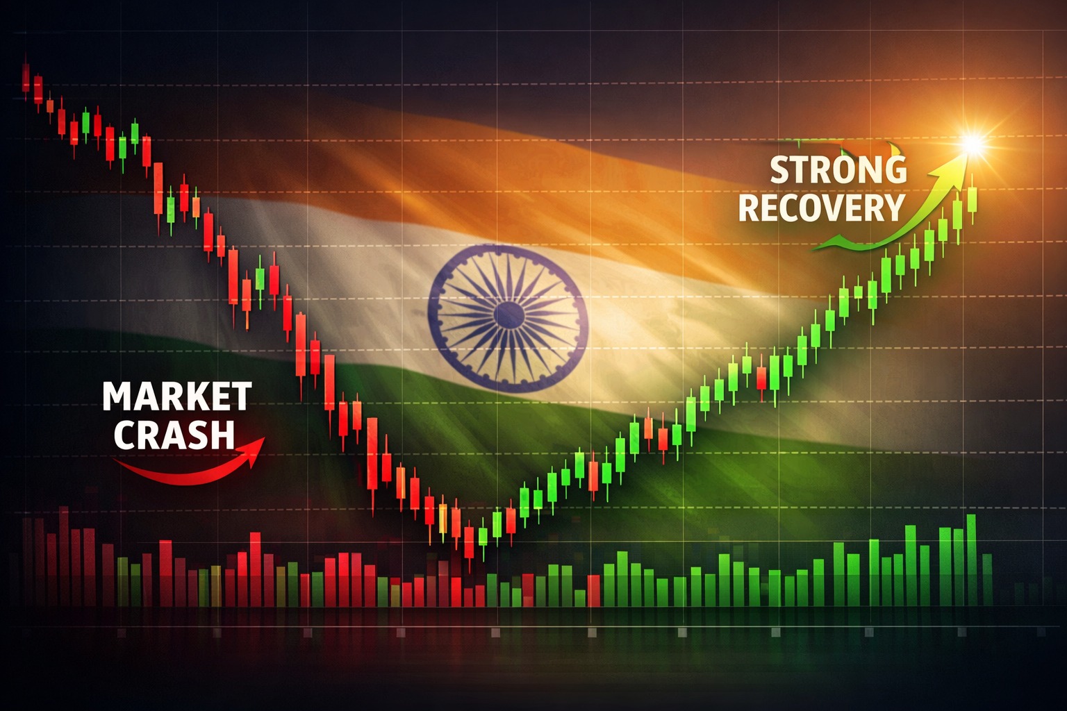 Indian stock market crash chart followed by strong recovery trend
