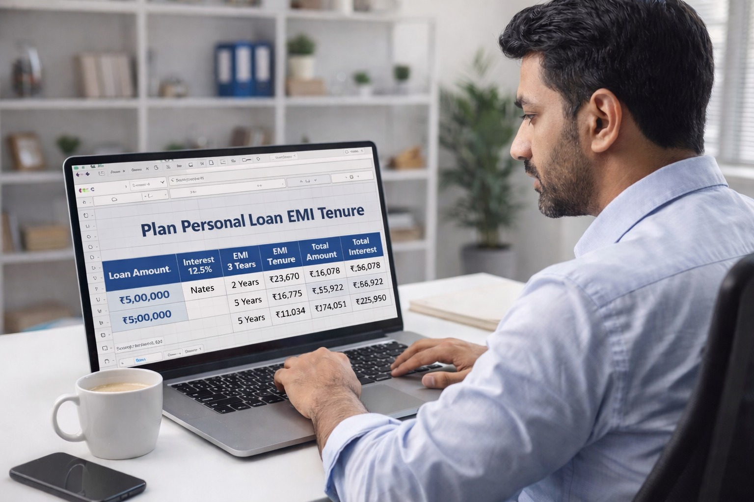 Indian professional planning personal loan EMI tenure on laptop spreadsheet