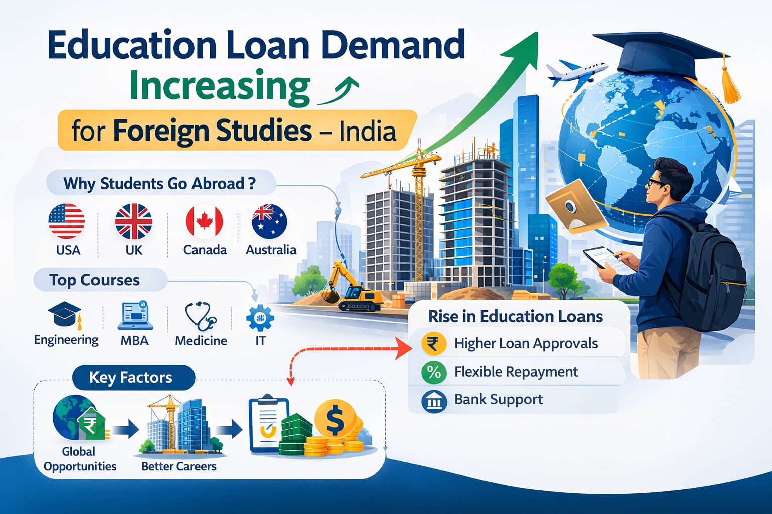 Education loan demand increasing for foreign studies India infographic