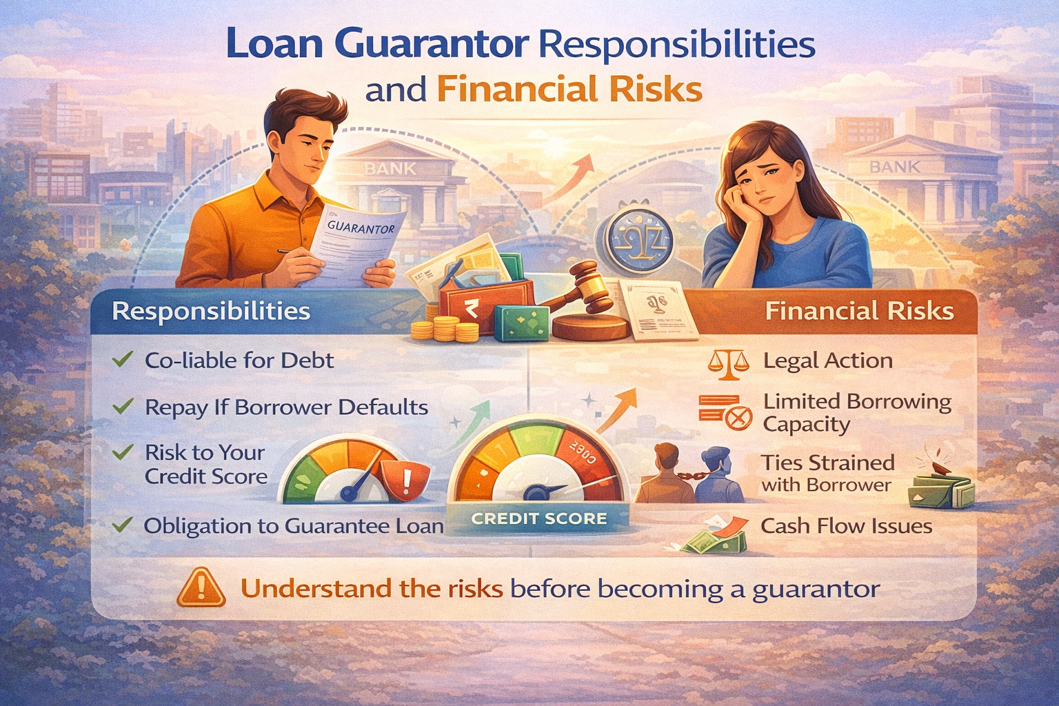 Loan guarantor responsibilities and financial risks infographic