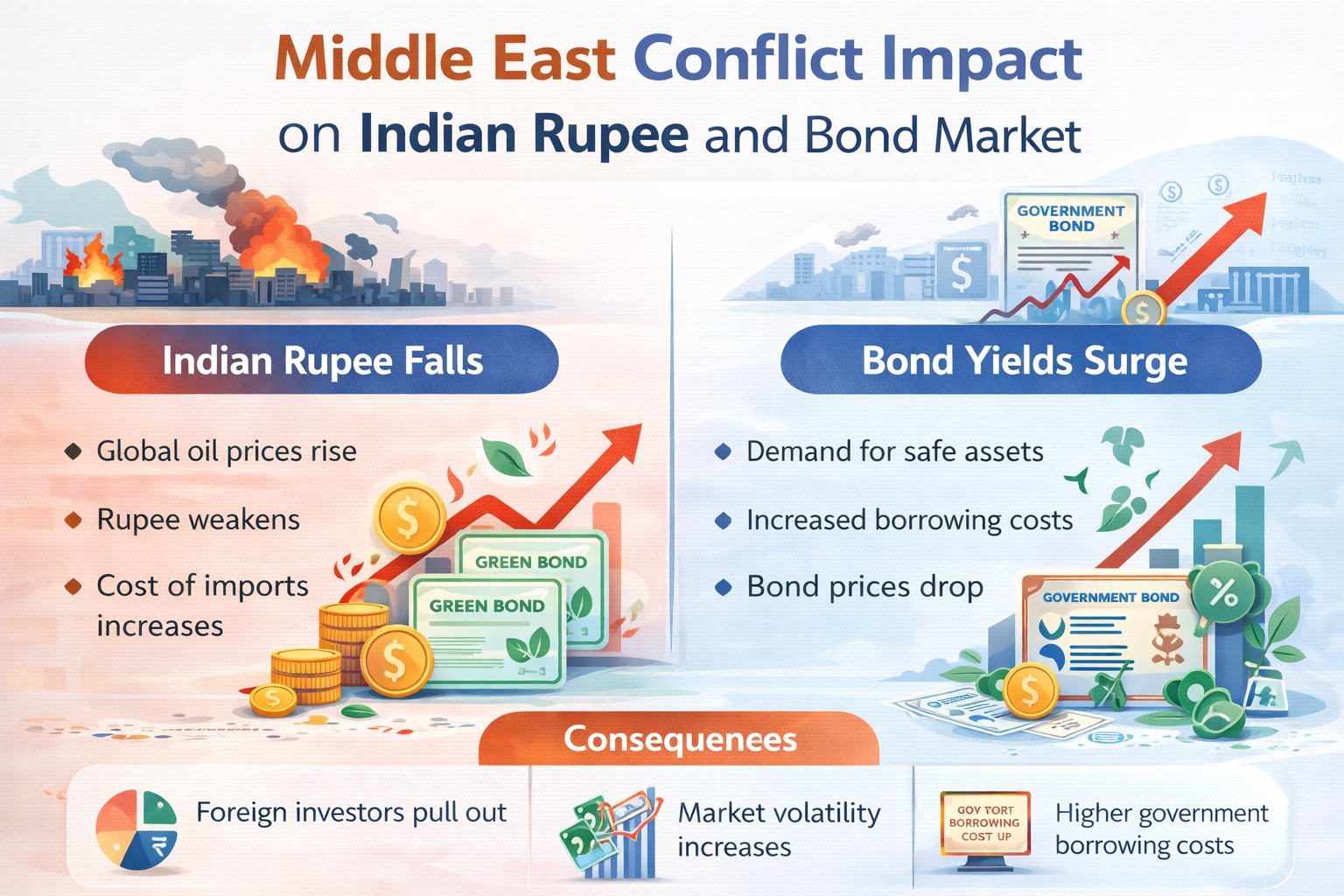 Middle East conflict impact on Indian rupee and bond market infographic