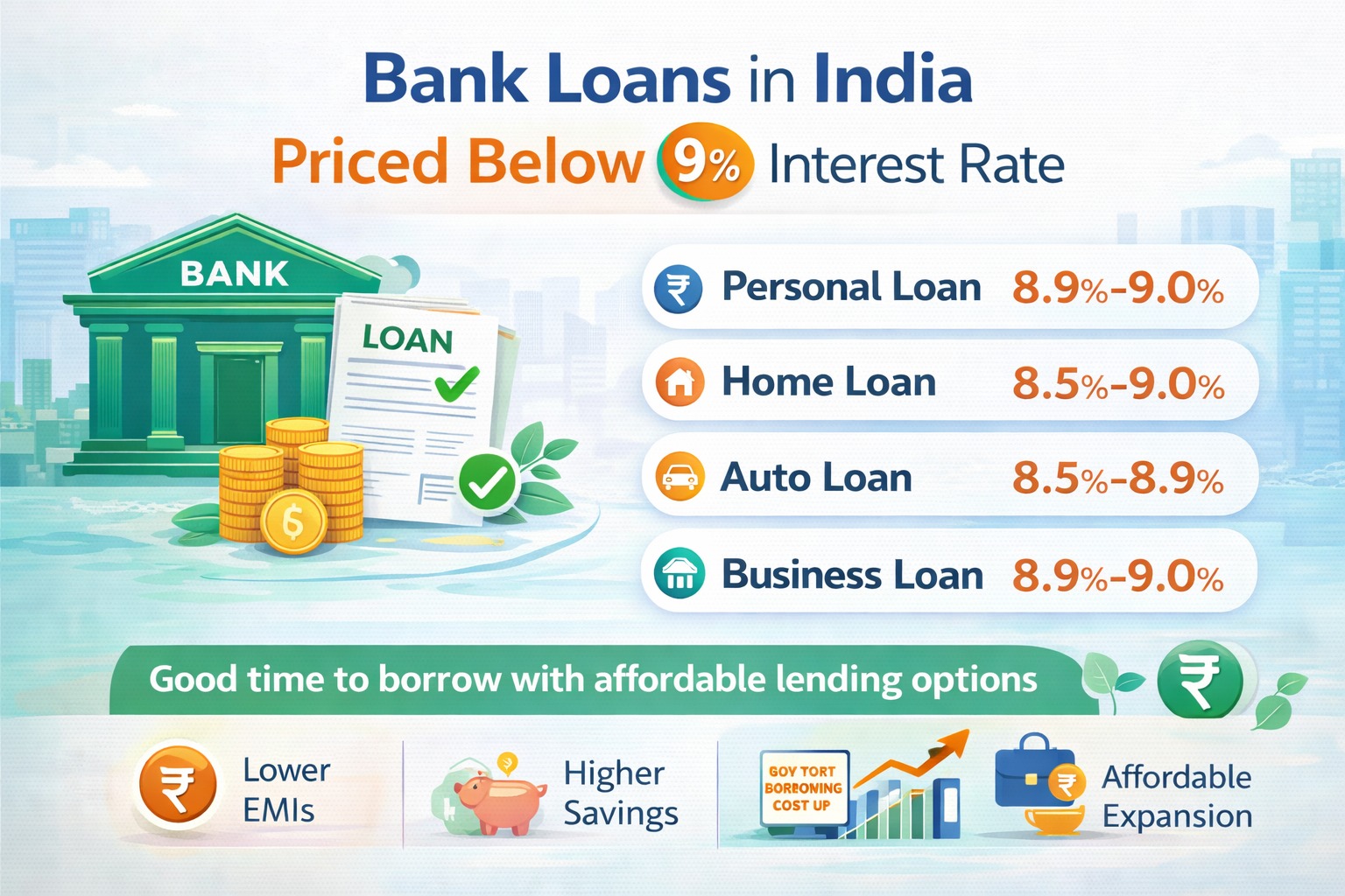 Bank loans in India priced below 9 percent interest rate infographic