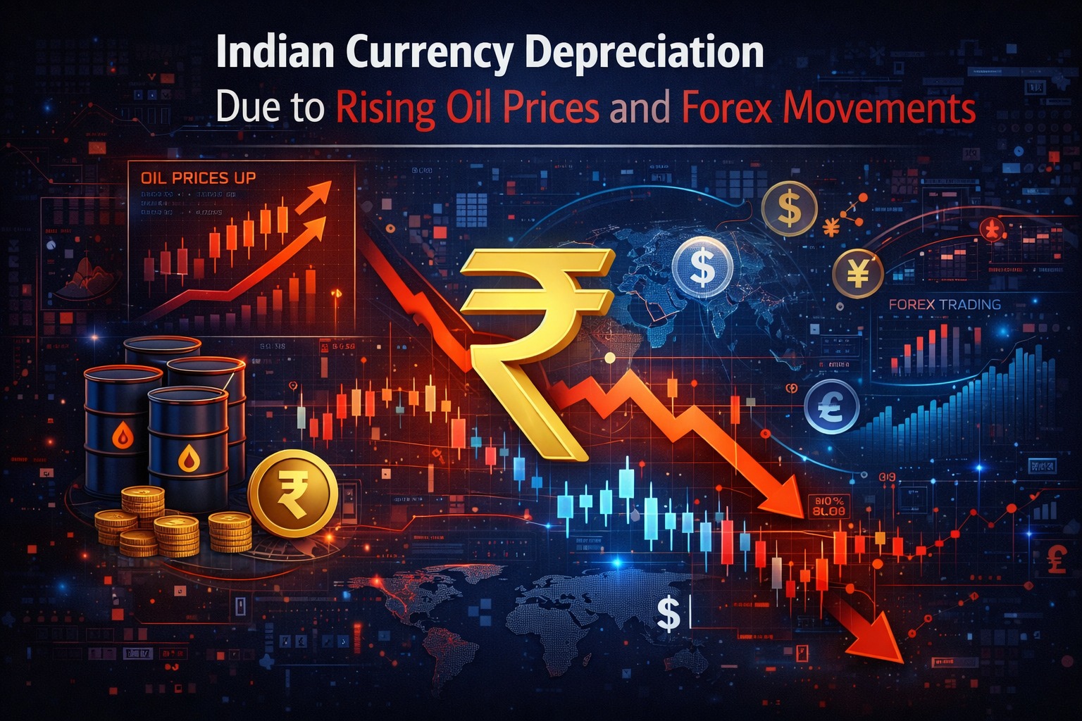 Indian currency depreciation infographic with oil barrels and forex market charts