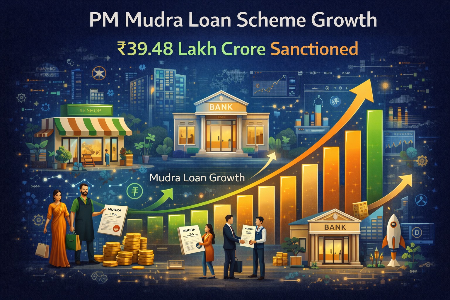 PM Mudra loan scheme growth showing ₹39.48 lakh crore sanctioned infographic