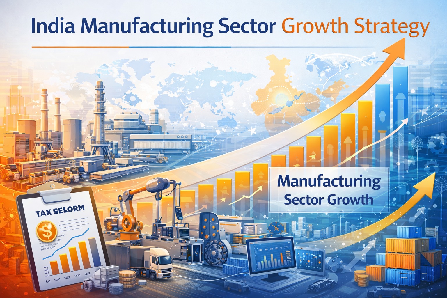 India manufacturing sector growth strategy with factory and industrial icons infographic