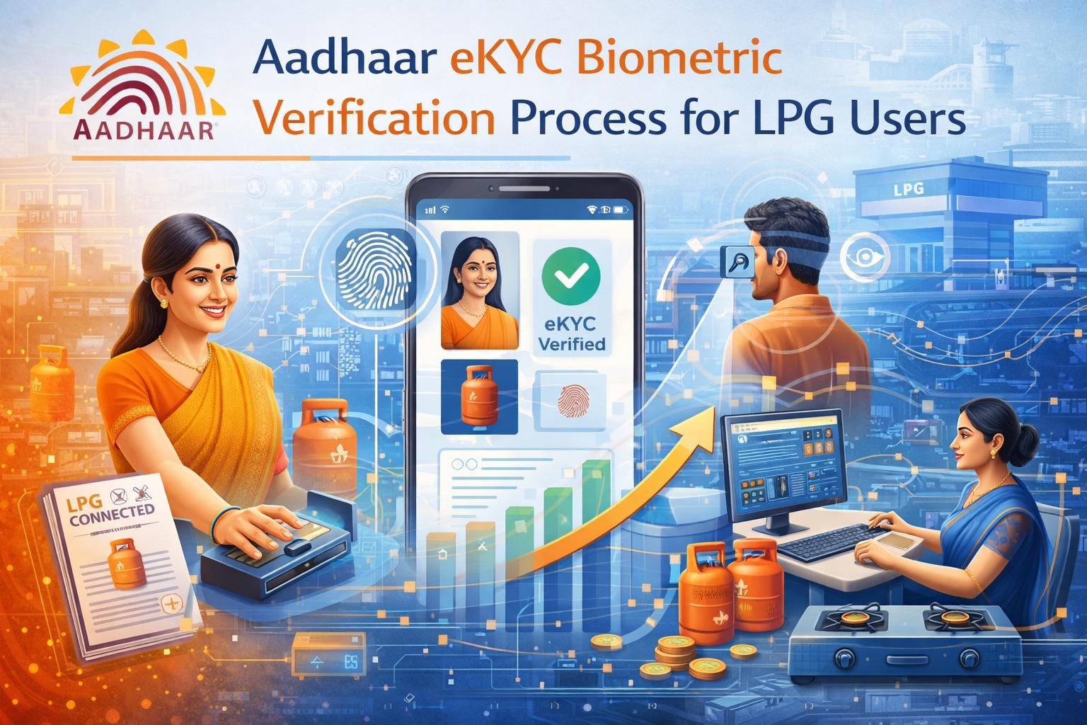 Aadhaar eKYC biometric verification process for LPG users infographic