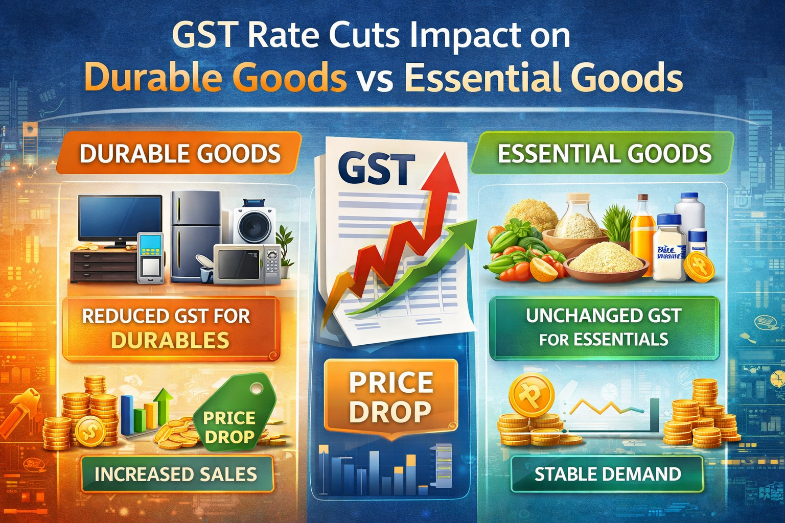 GST rate cuts impact on durable goods vs essential goods infographic