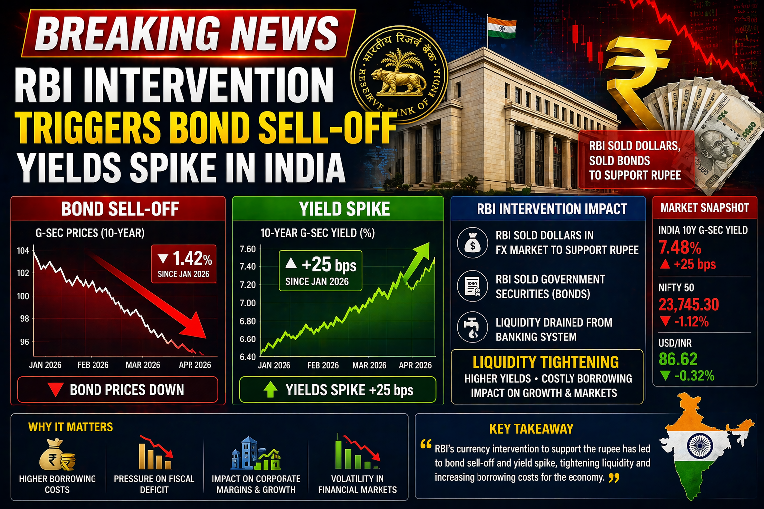 RBI currency intervention bond sell off India yield spike chart