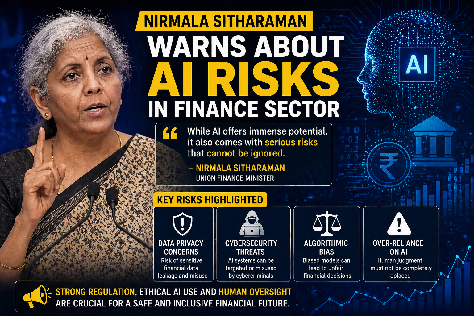 Nirmala Sitharaman warning about AI risks in finance sector with digital background