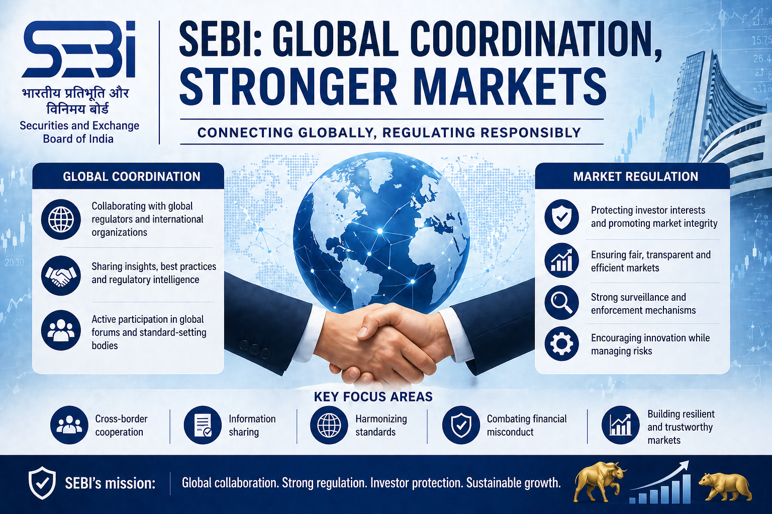 SEBI global coordination and market regulation concept with financial symbols