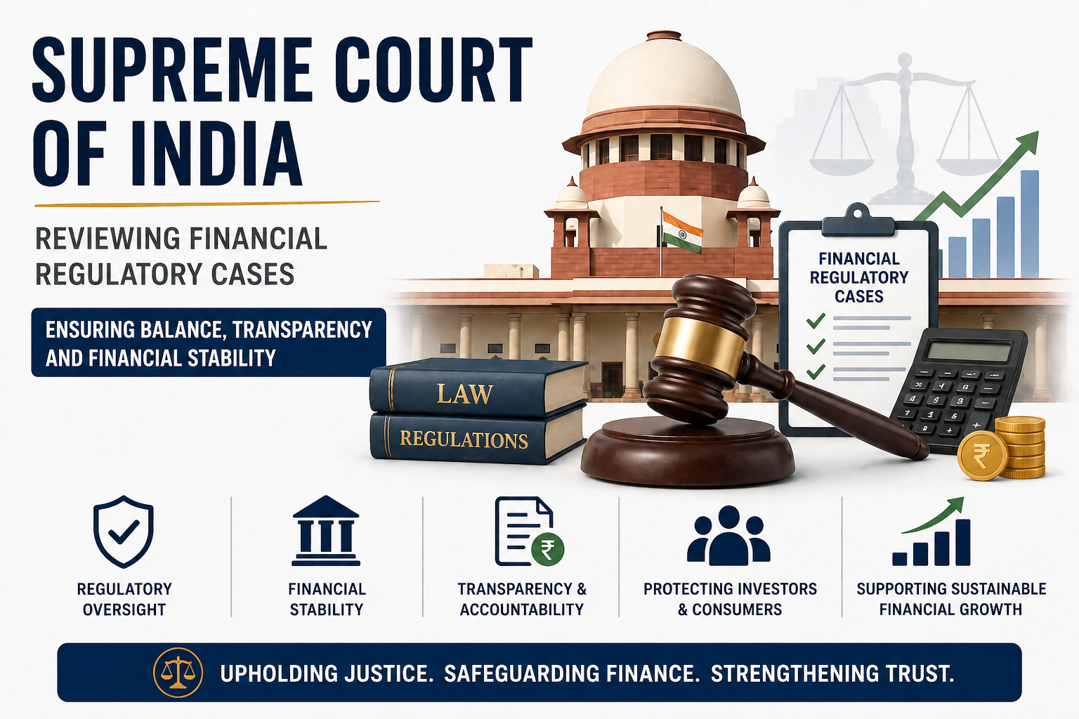 Supreme Court of India reviewing financial regulatory cases with legal and finance symbols