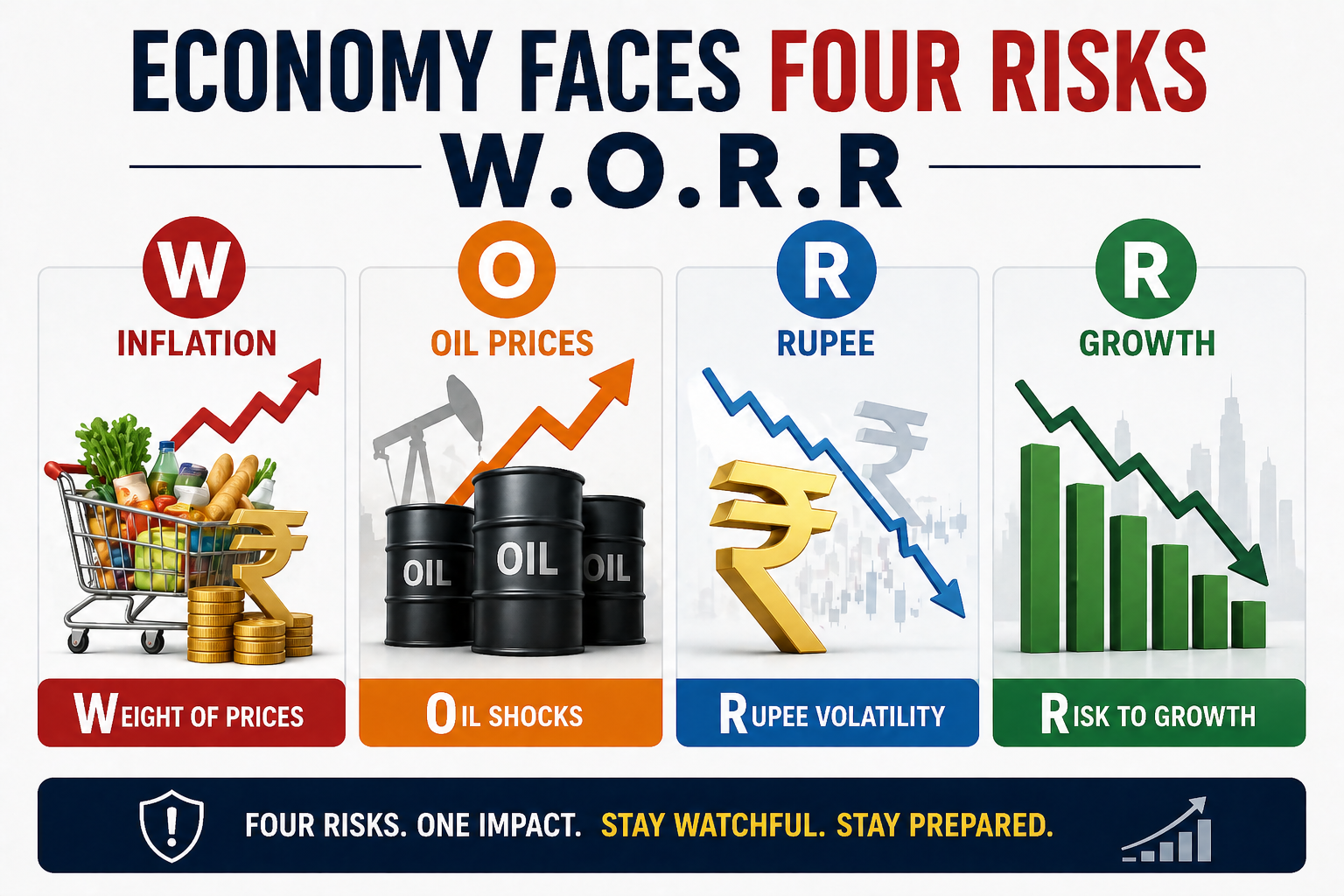 economy faces four risks W.O.R.R with inflation oil rupee and growth icons