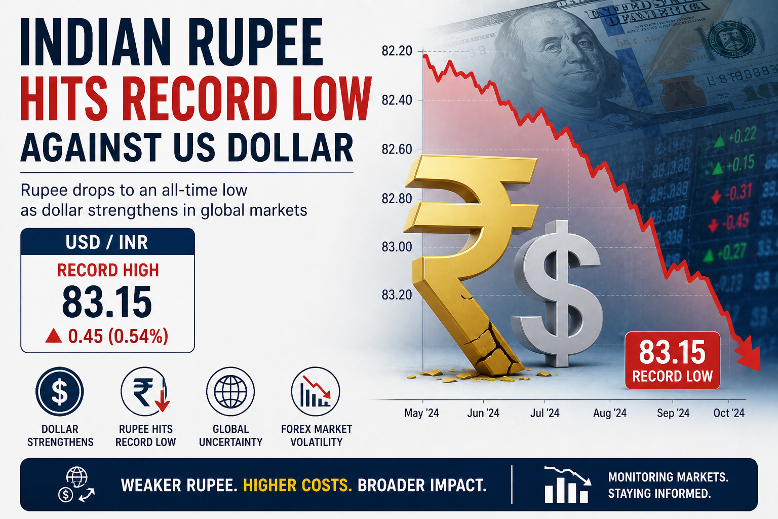 Indian rupee hits record low against US dollar with forex market chart