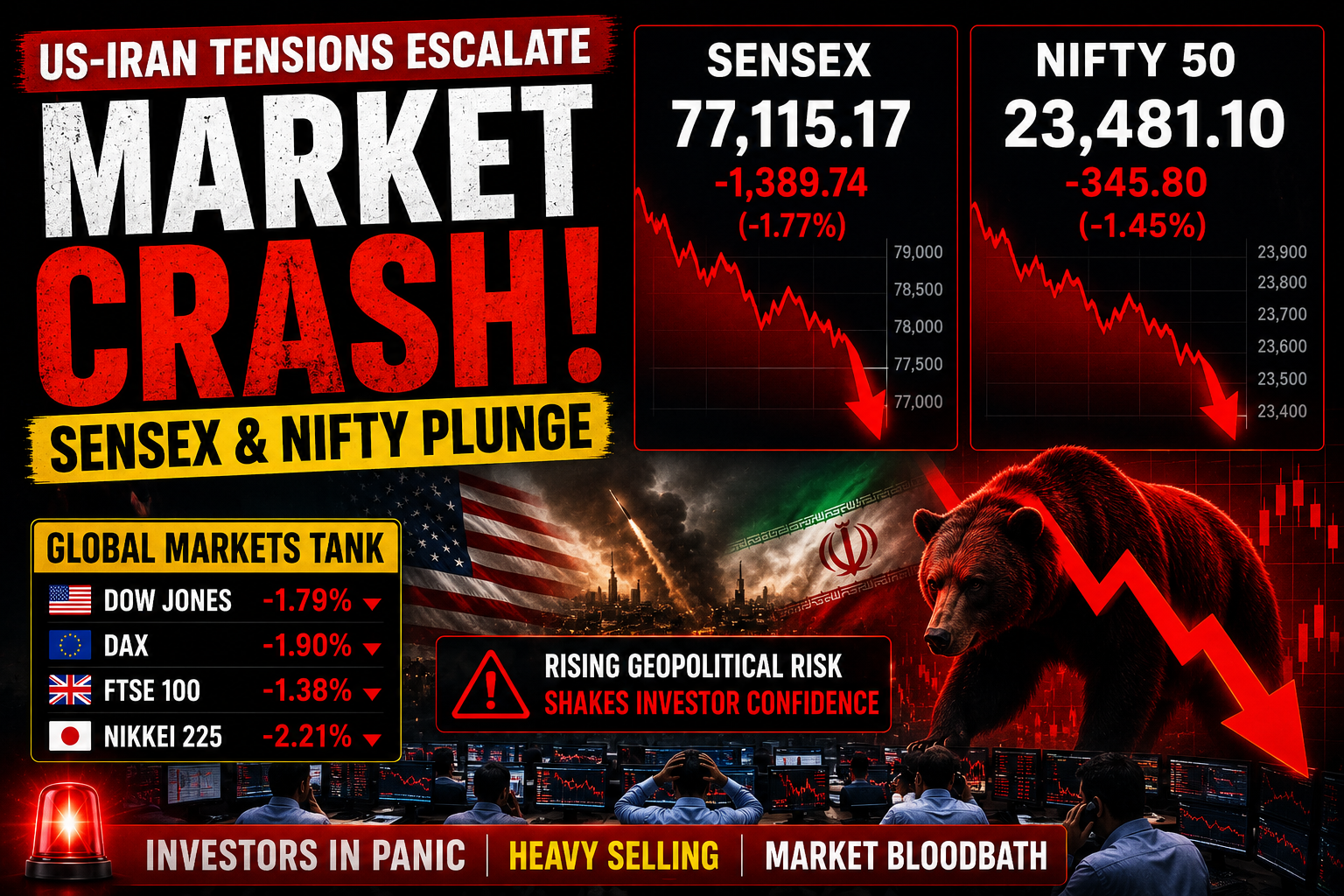 Sensex and Nifty falling sharply after US Iran tensions with stock market chart