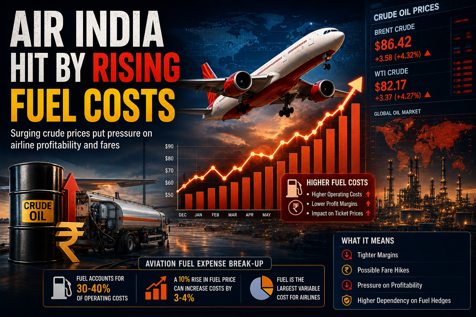 Air India facing higher fuel costs with airplane and crude oil price chart