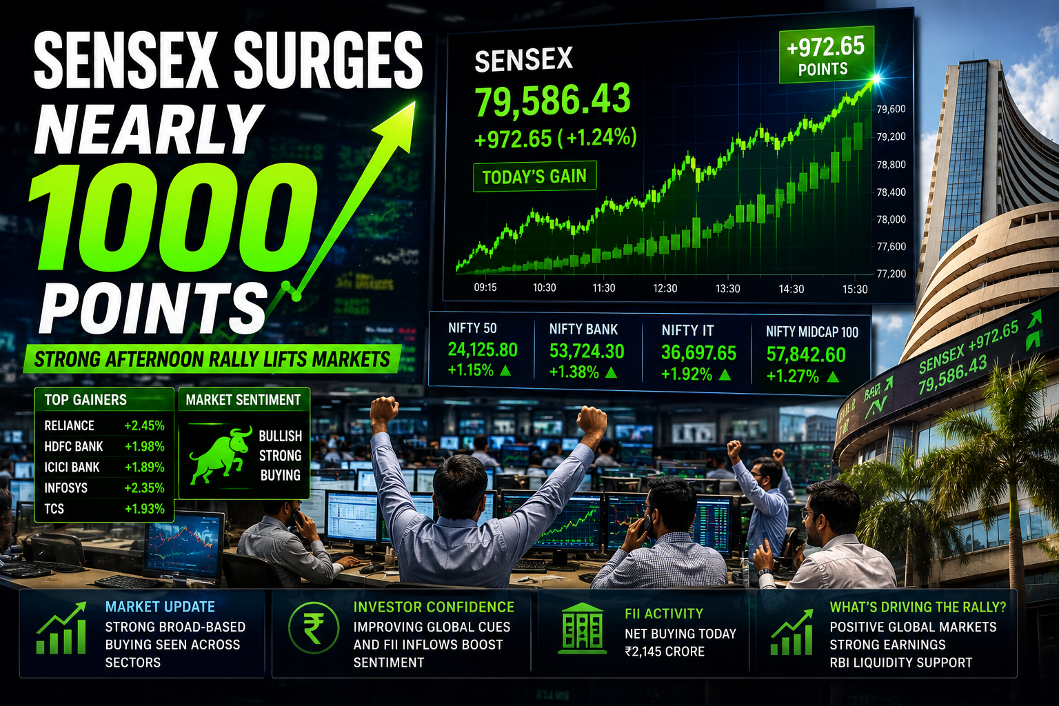 Sensex jumping nearly 1000 points during afternoon stock market rally in India