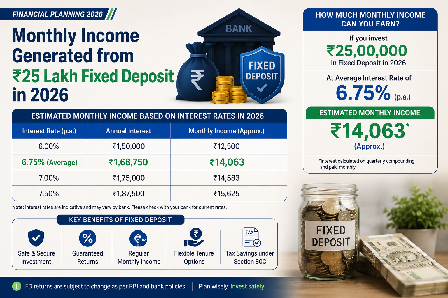 Monthly income generated from 25 lakh fixed deposit in 2026