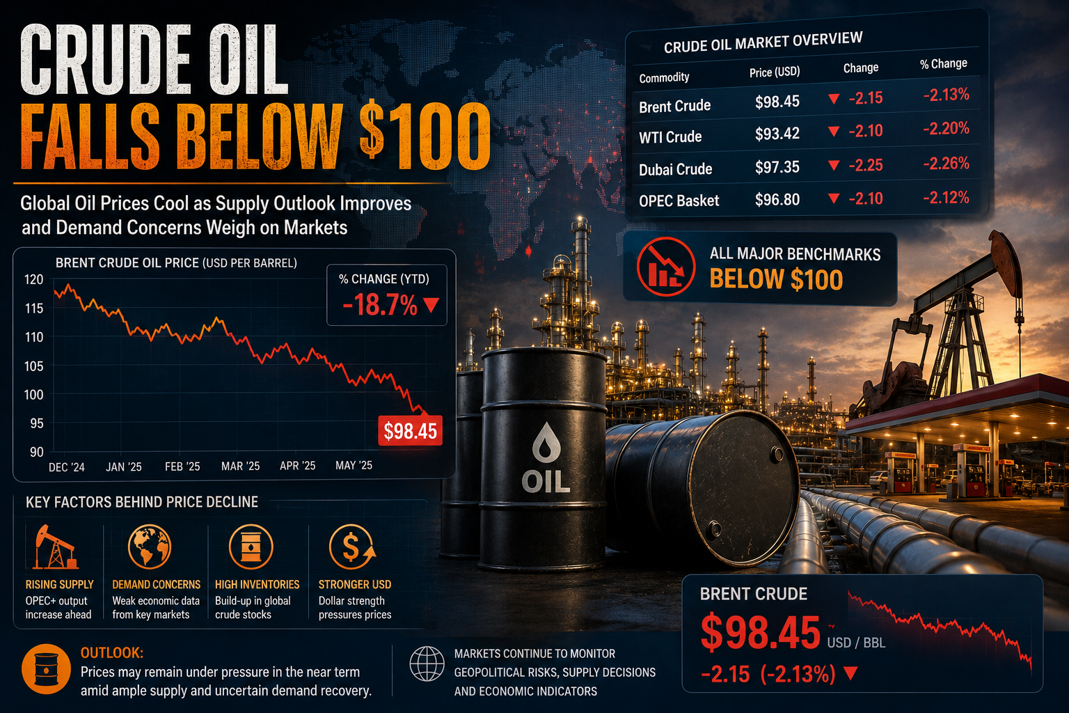 Crude oil prices cooling below 100 dollars in global energy markets