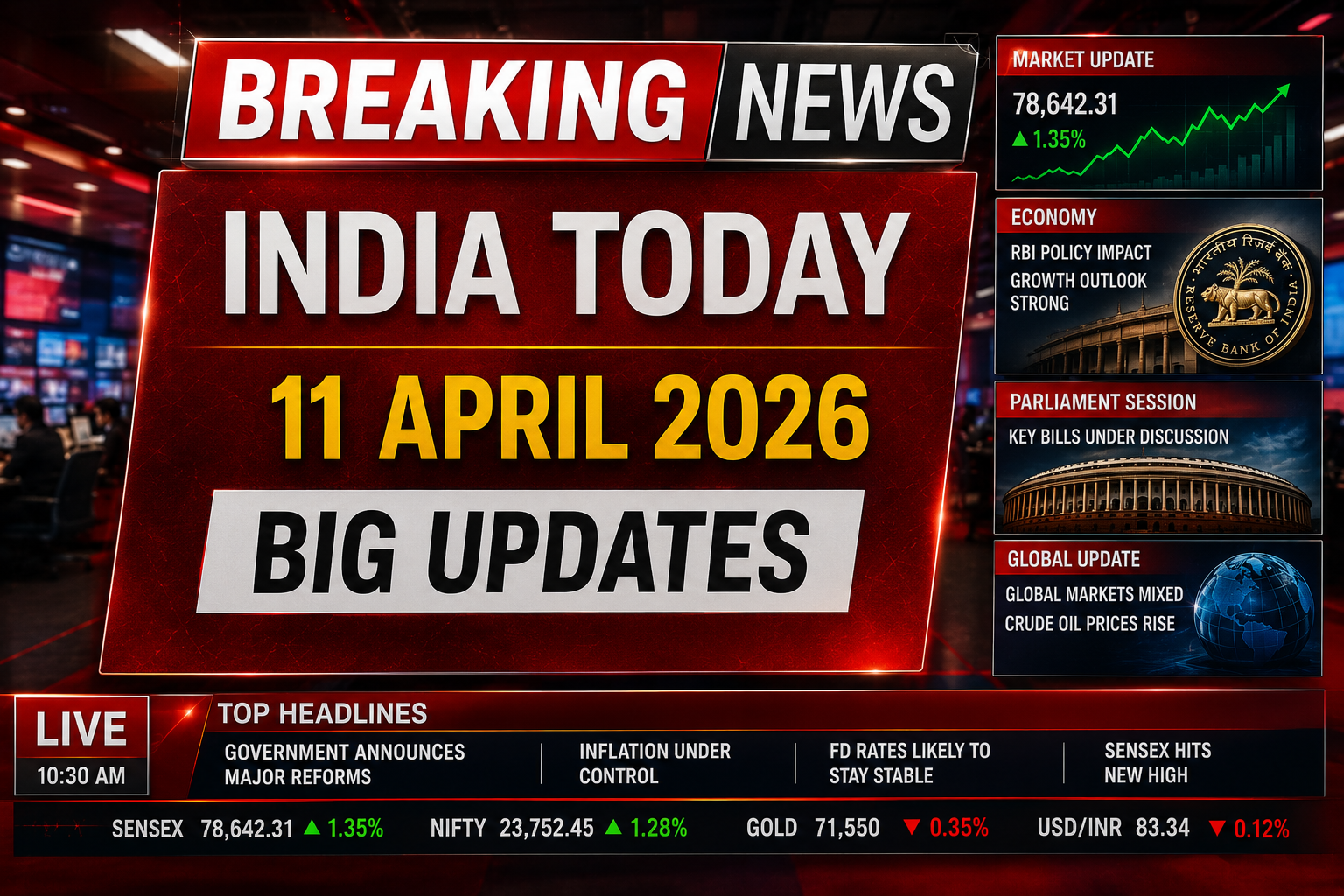 Breaking news screen showing India headlines for 11 April 2026