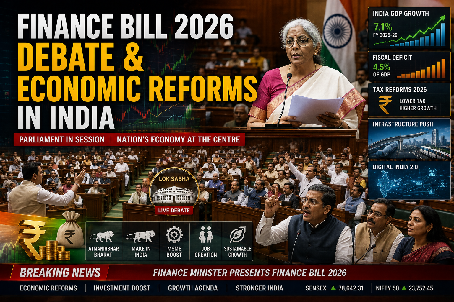 Parliament debate on Finance Bill 2026 and economic reforms in India