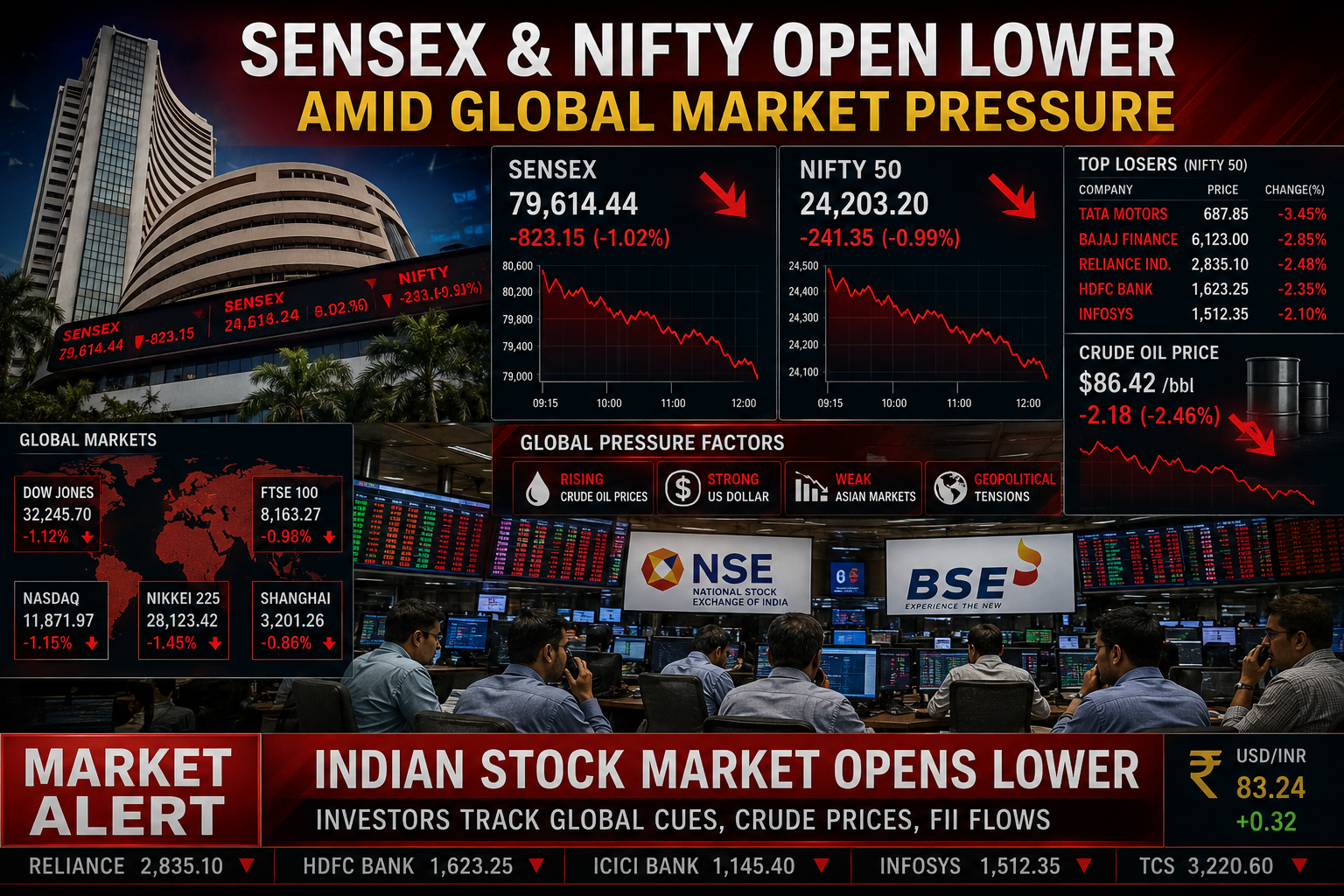 Sensex and Nifty opening lower amid global market pressure in India