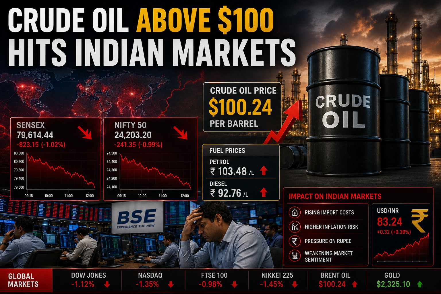 Crude oil prices trading above 100 dollars impacting Indian stock markets