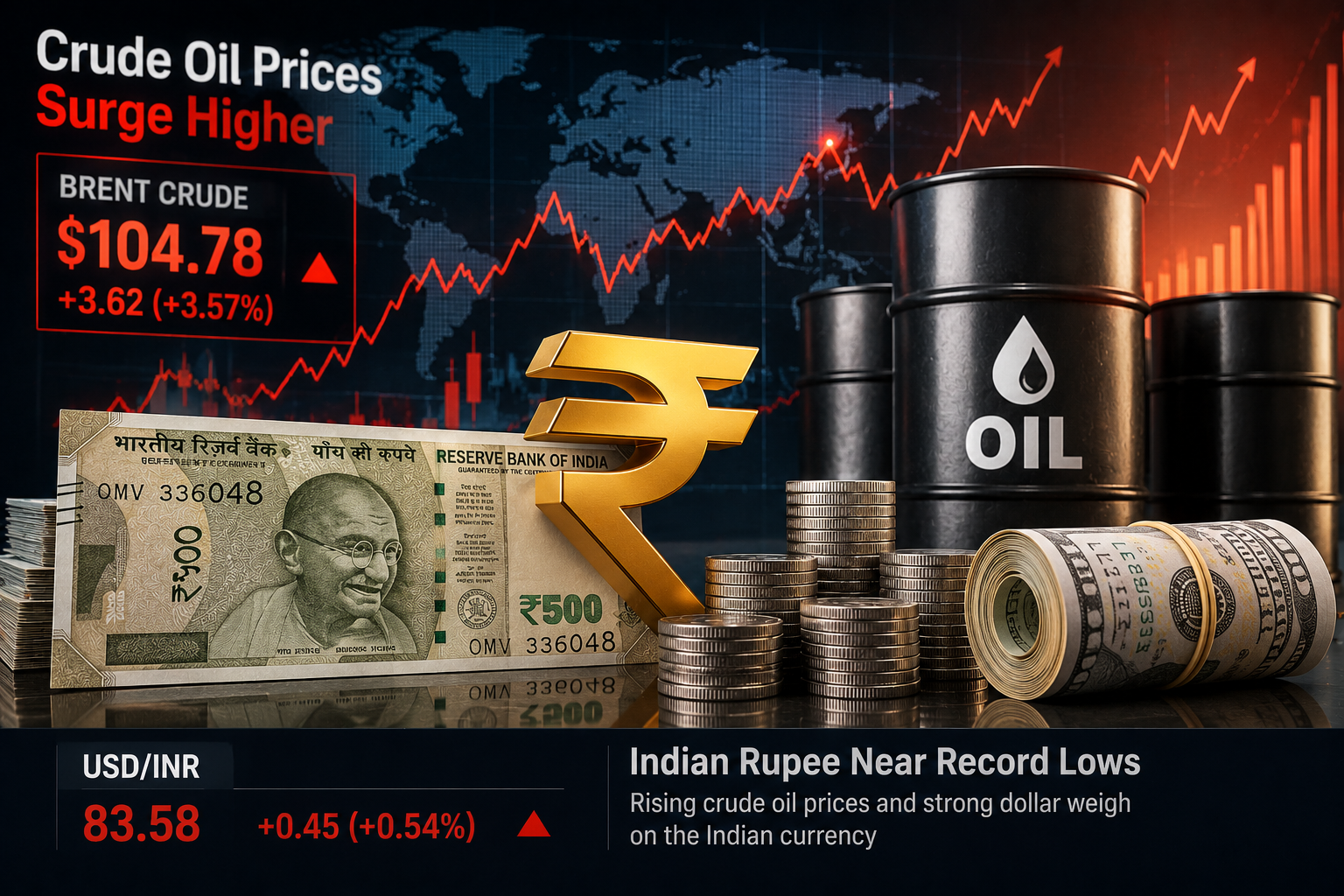 Indian rupee remaining near record low amid rising crude oil prices