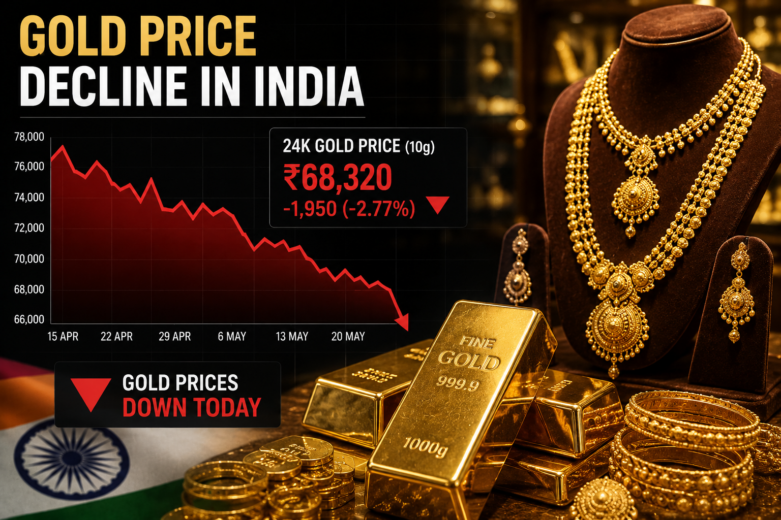 Gold jewellery and gold bars displayed with falling market charts showing gold price decline in India