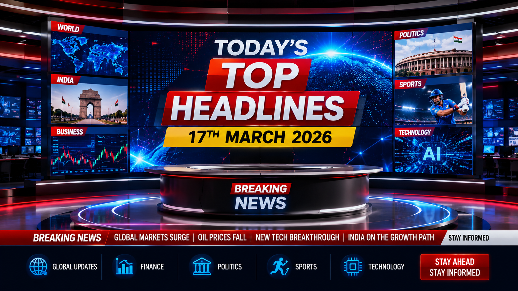 Breaking news screen showing India headlines for 17 March 2026