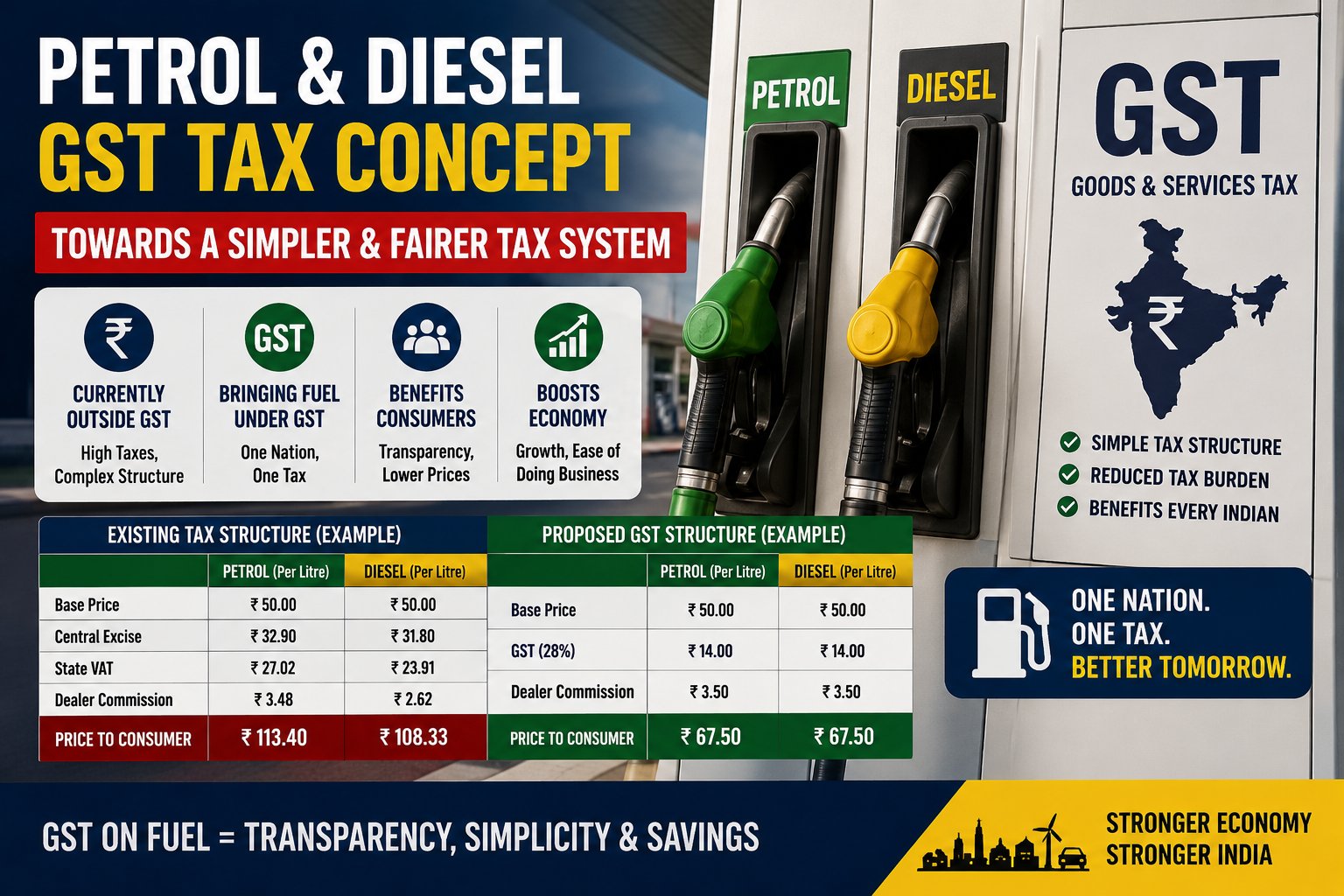 Petrol and diesel fuel pumps with GST tax concept in India