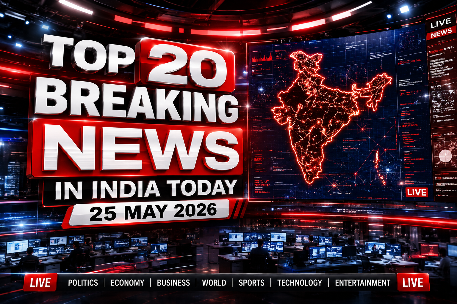Breaking news screen showing top India headlines for 25 May 2026