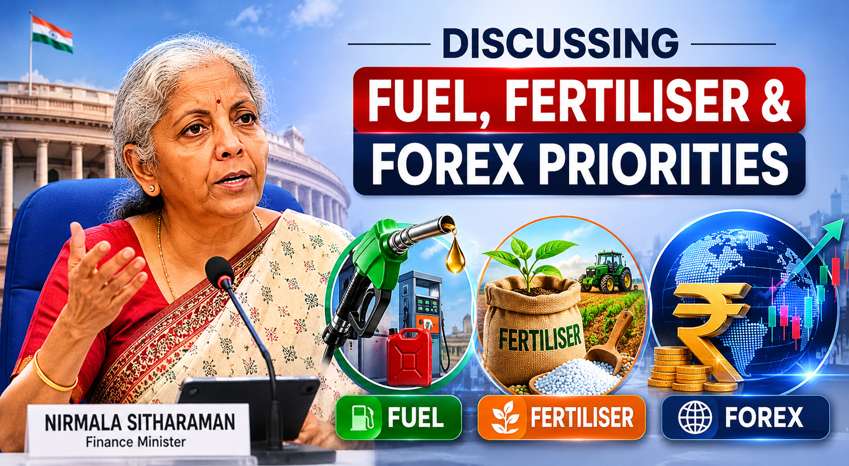 Nirmala Sitharaman discussing fuel fertiliser and forex priorities
