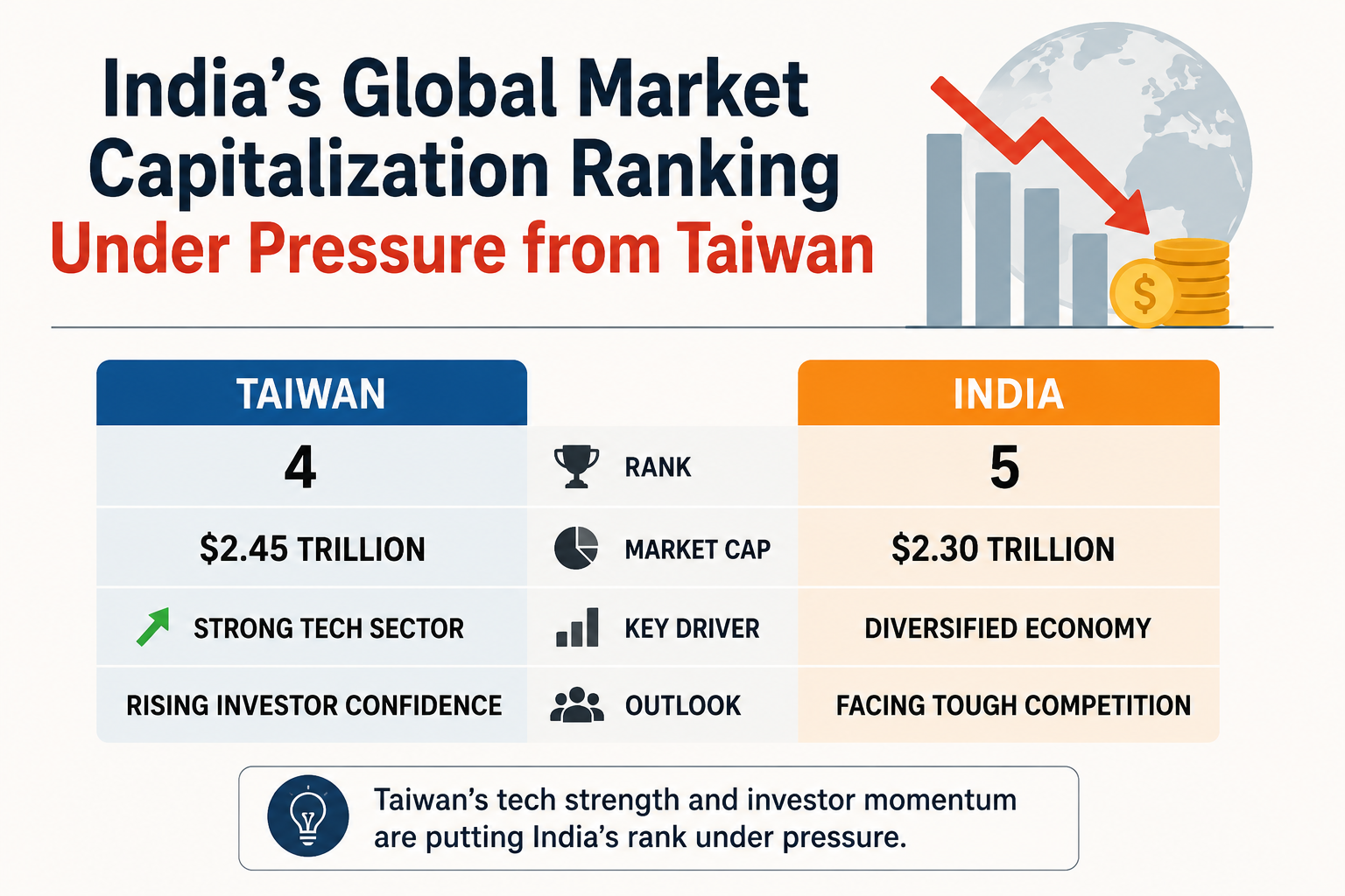 India global market capitalization ranking under pressure from Taiwan