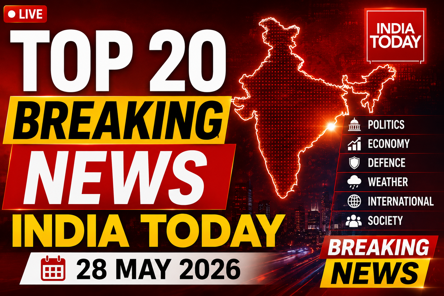 Breaking news graphics showing India headlines for 28 May 2026