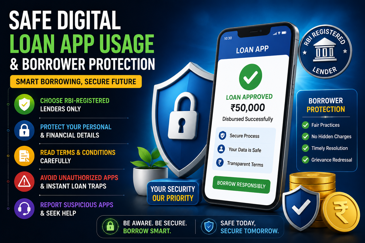 Safe digital loan app usage and borrower protection illustration
