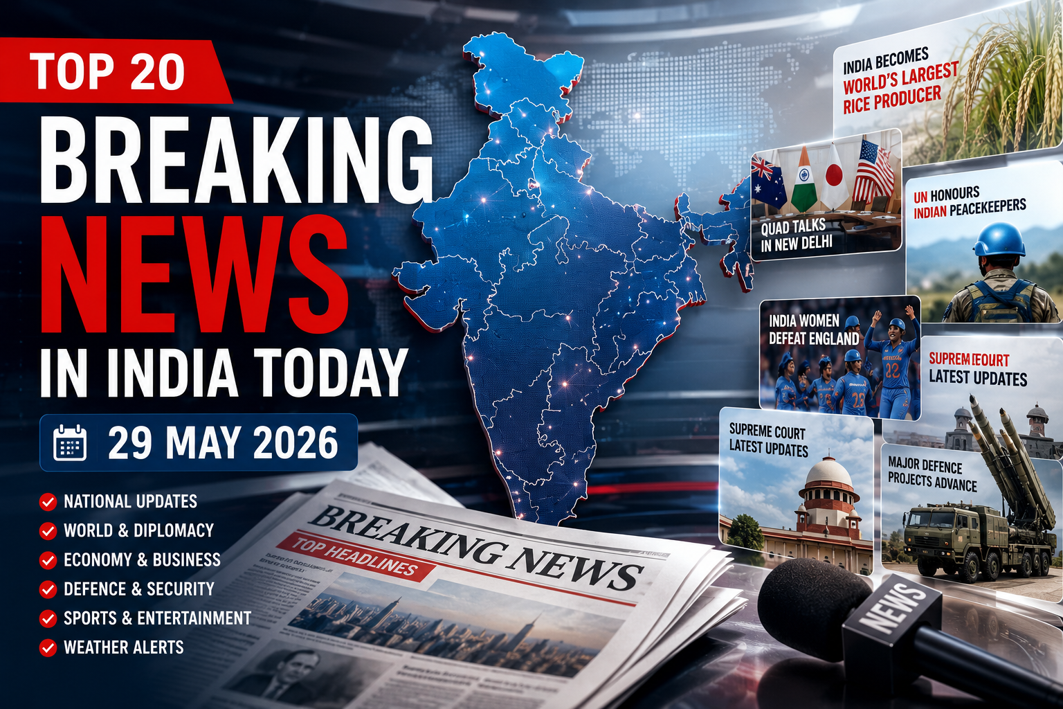 Latest India breaking news collage showing rice production record, UN peacekeeper honours, Quad meeting, women's cricket win, defence projects, and economic growth stories.