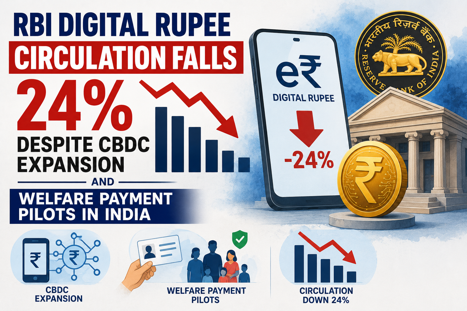 RBI digital rupee circulation falls 24 percent despite CBDC expansion and welfare payment pilots in India illustration