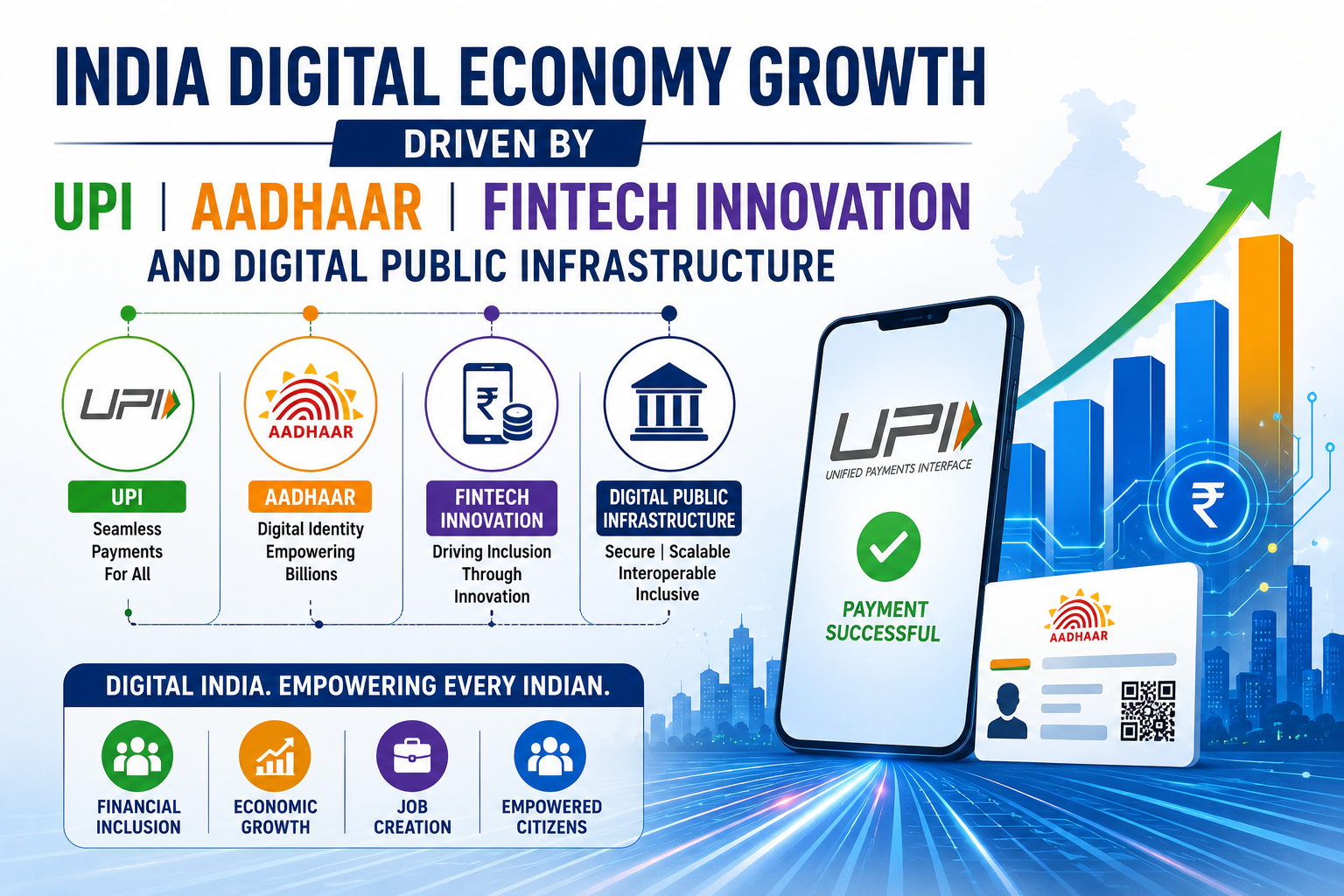 India digital economy growth driven by UPI Aadhaar fintech innovation and digital public infrastructure illustration
