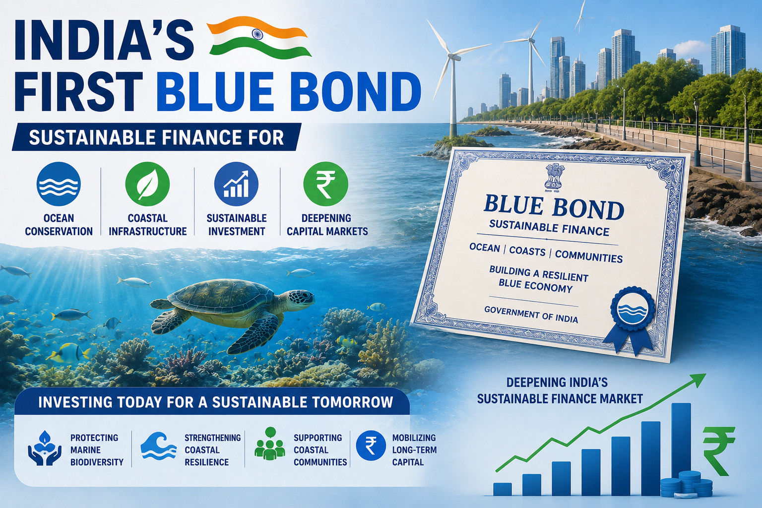 India first blue bond sustainable finance ocean conservation coastal infrastructure investment market illustration