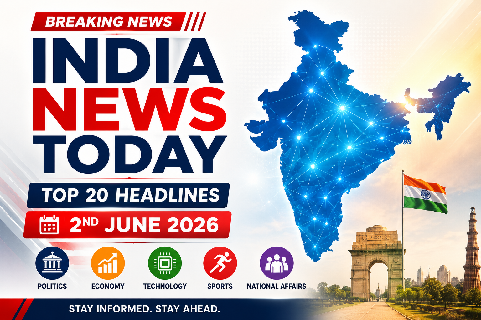 Top 20 India News Headlines Today – 2 June 2026 with economy, politics, education, cricket, weather, judiciary, and national updates