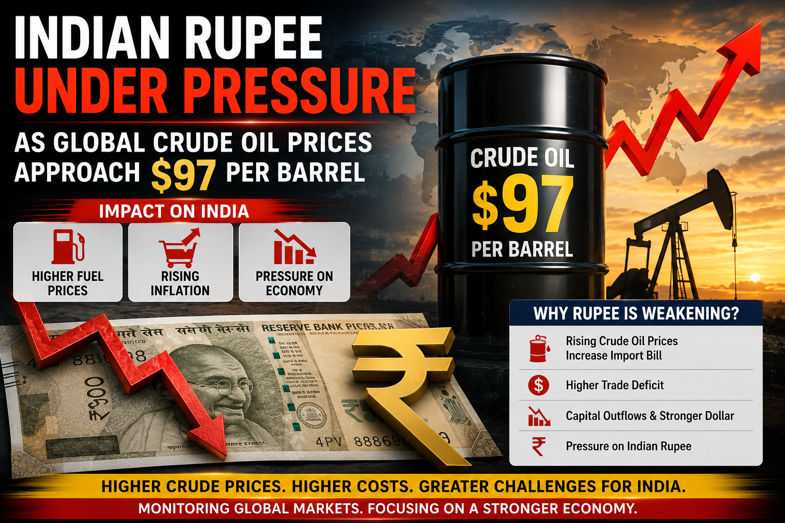 Indian rupee under pressure as global crude oil prices approach 97 dollars per barrel impacting inflation fuel prices and India's economy
